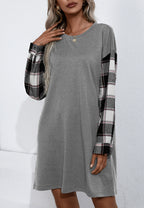 Plaid Crew-Neck Dress with Long Sleeves
