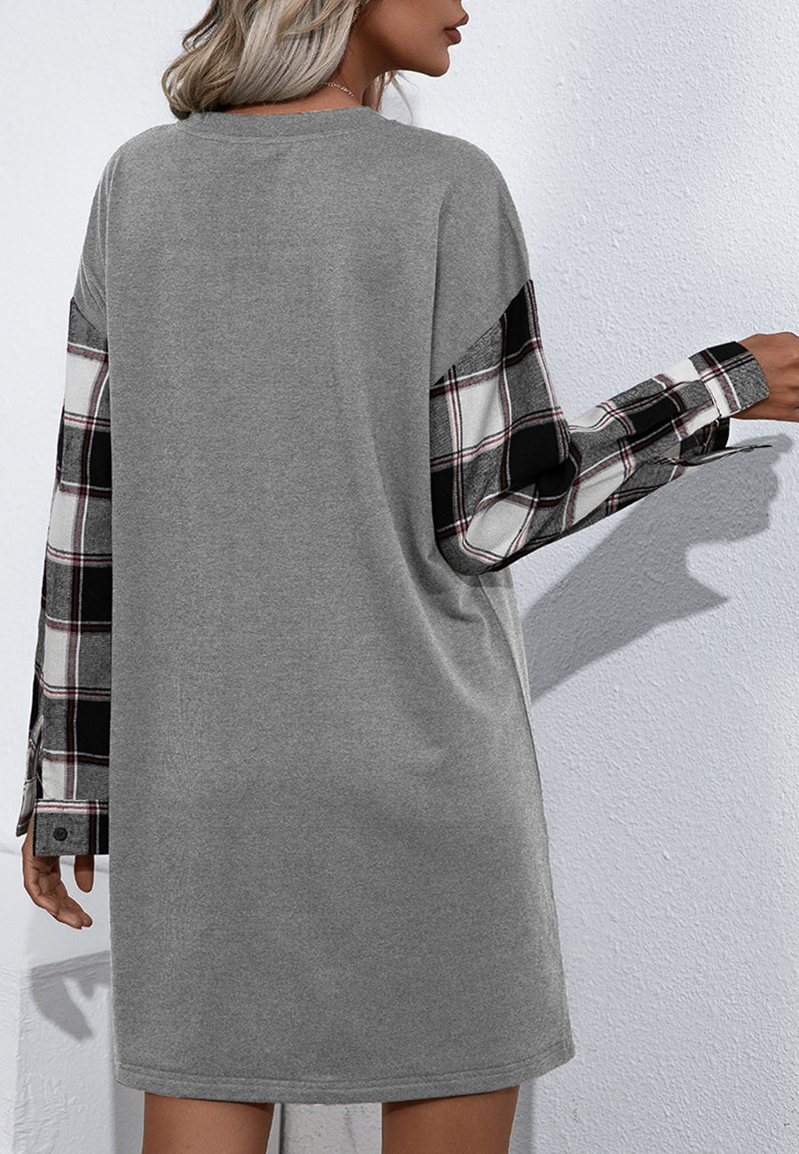 Plaid Crew-Neck Dress with Long Sleeves