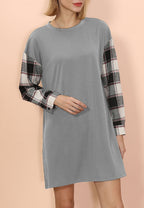 Plaid Crew-Neck Dress with Long Sleeves