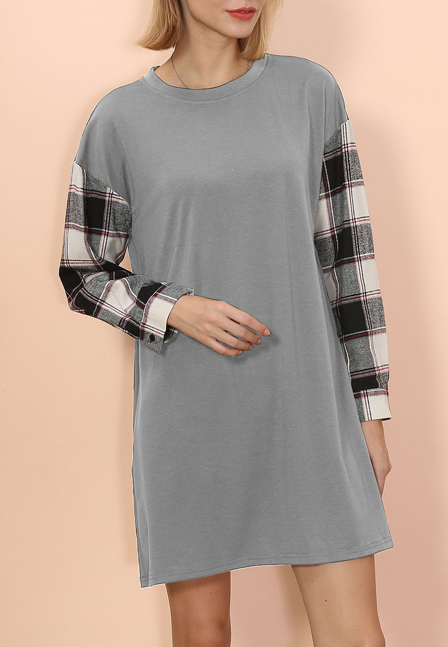 Plaid Crew-Neck Dress with Long Sleeves