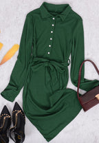 Ribbed Button-Detail Belted Dress