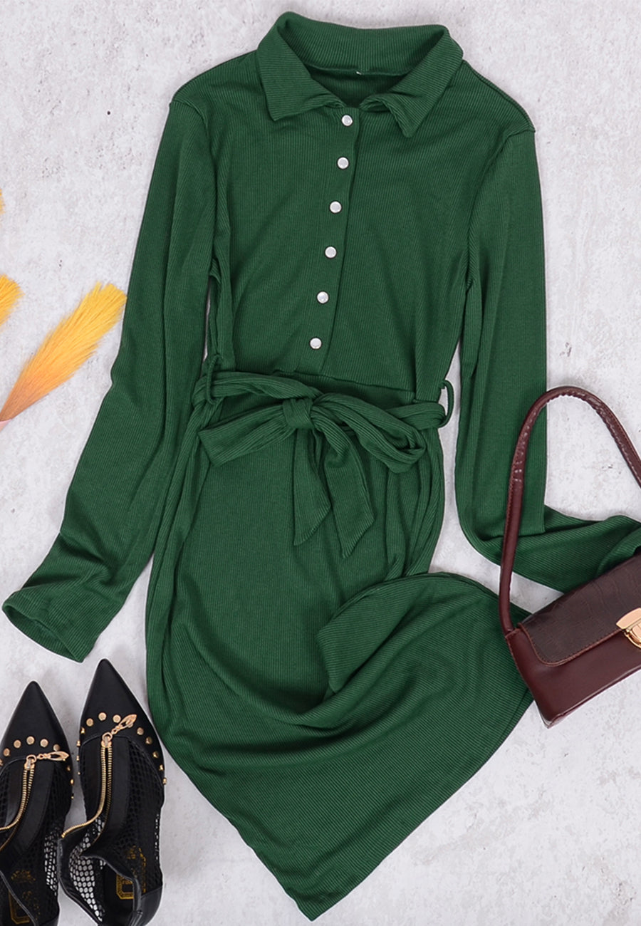 Ribbed Button-Detail Belted Dress