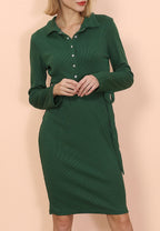Ribbed Button-Detail Belted Dress