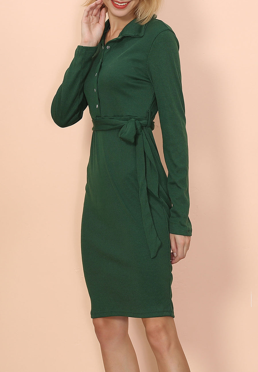 Ribbed Button-Detail Belted Dress