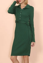 Ribbed Button-Detail Belted Dress