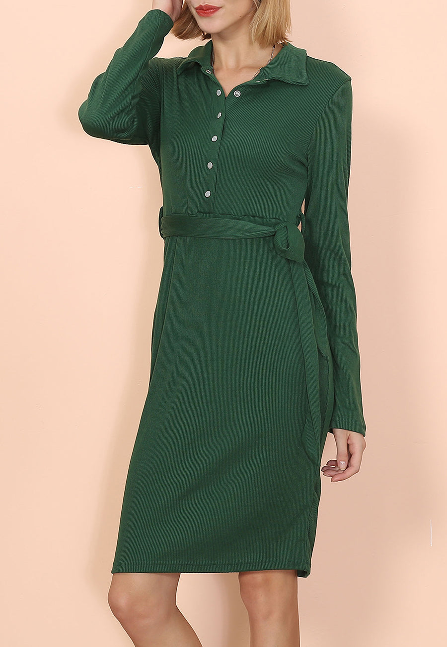 Ribbed Button-Detail Belted Dress