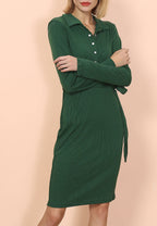 Ribbed Button-Detail Belted Dress