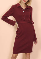 Ribbed Button-Detail Belted Dress