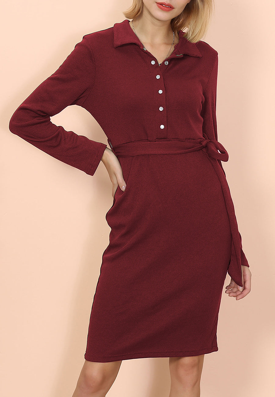Ribbed Button-Detail Belted Dress
