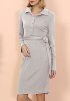 Ribbed Button-Detail Belted Dress