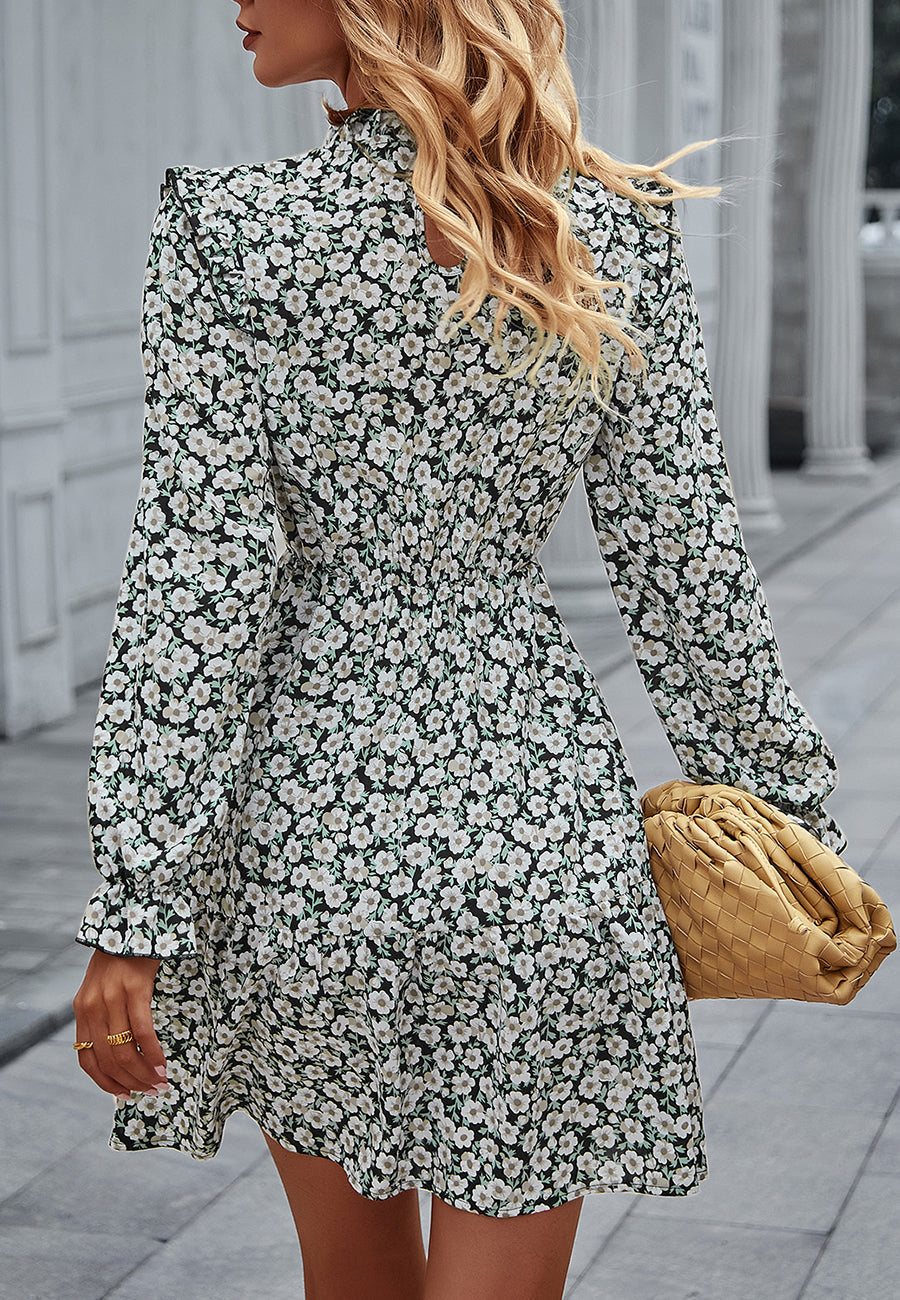 Floral High-Neck Ruffled Dress