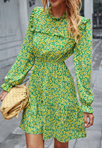 Floral High-Neck Ruffled Dress