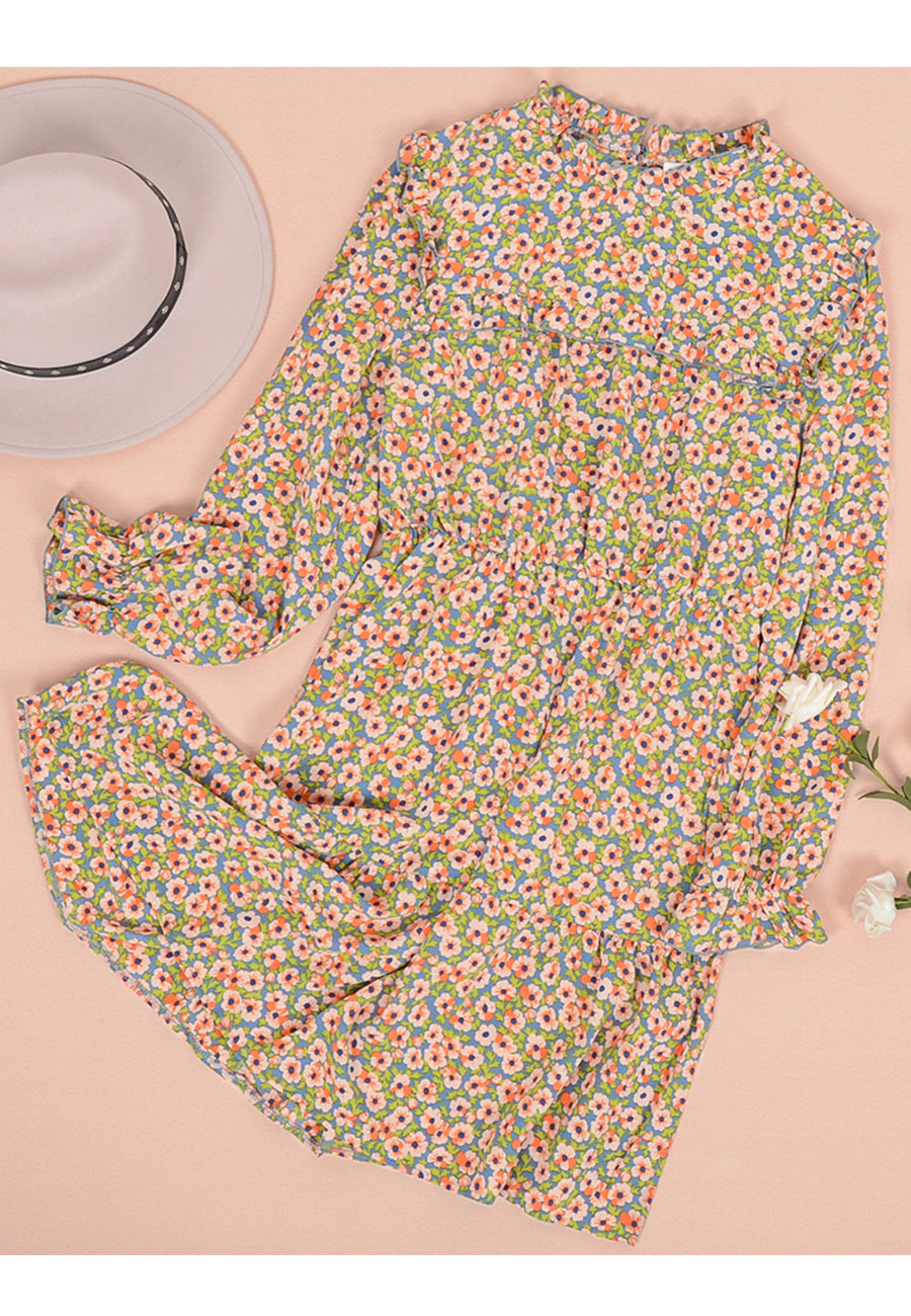 Floral High-Neck Ruffled Dress