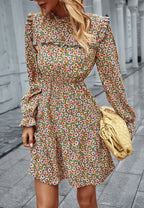 Floral High-Neck Ruffled Dress