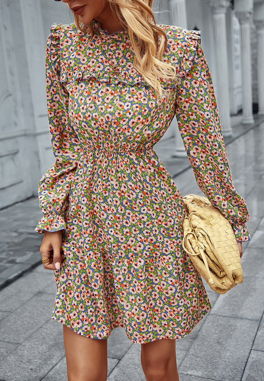 Floral High-Neck Ruffled Dress