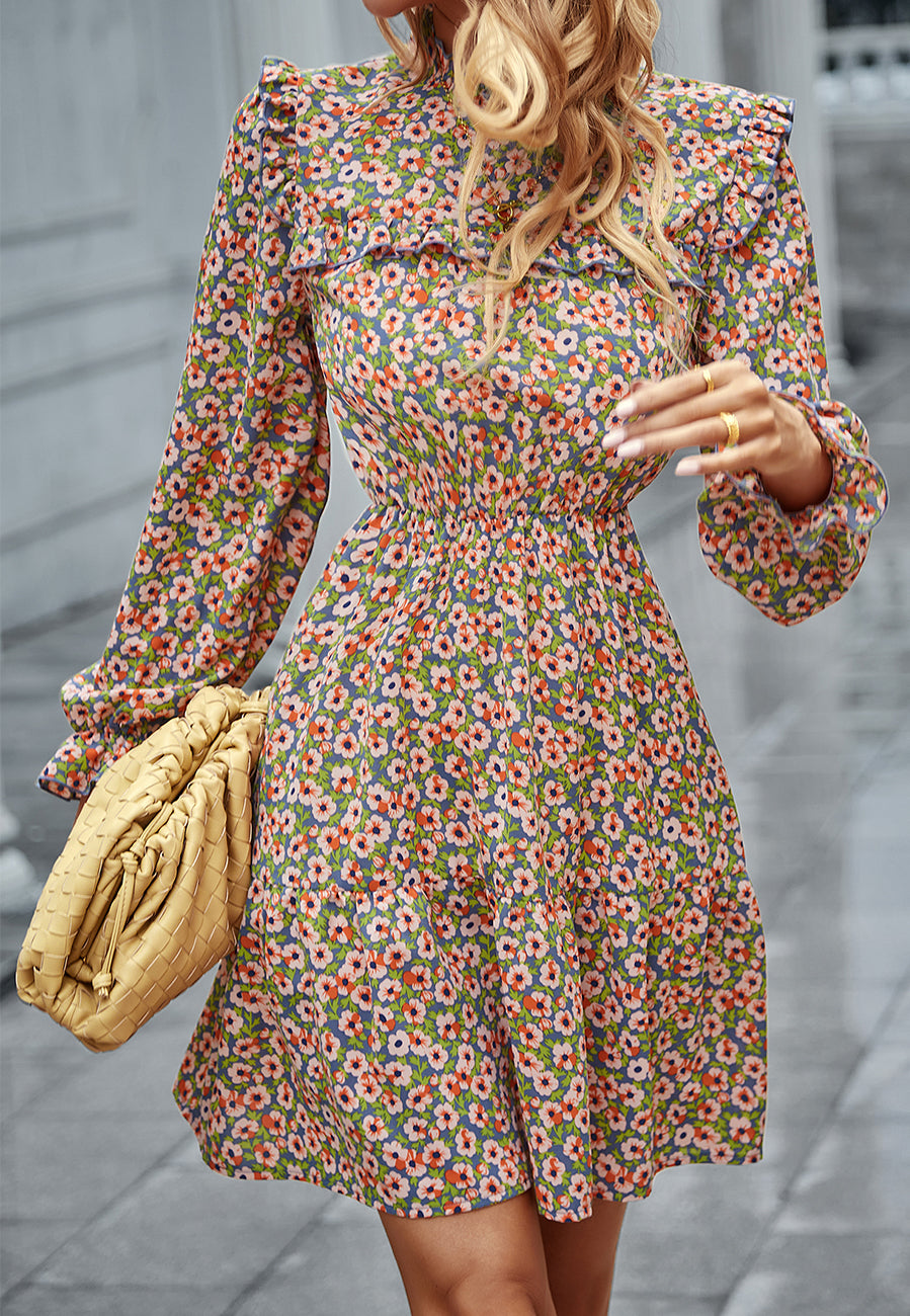 Floral High-Neck Ruffled Dress