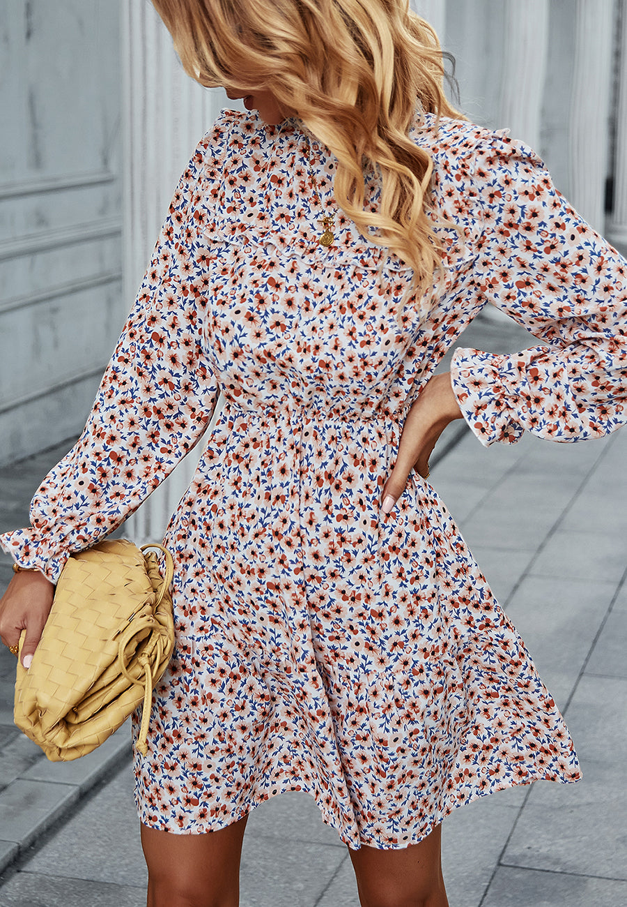 Floral High-Neck Ruffled Dress