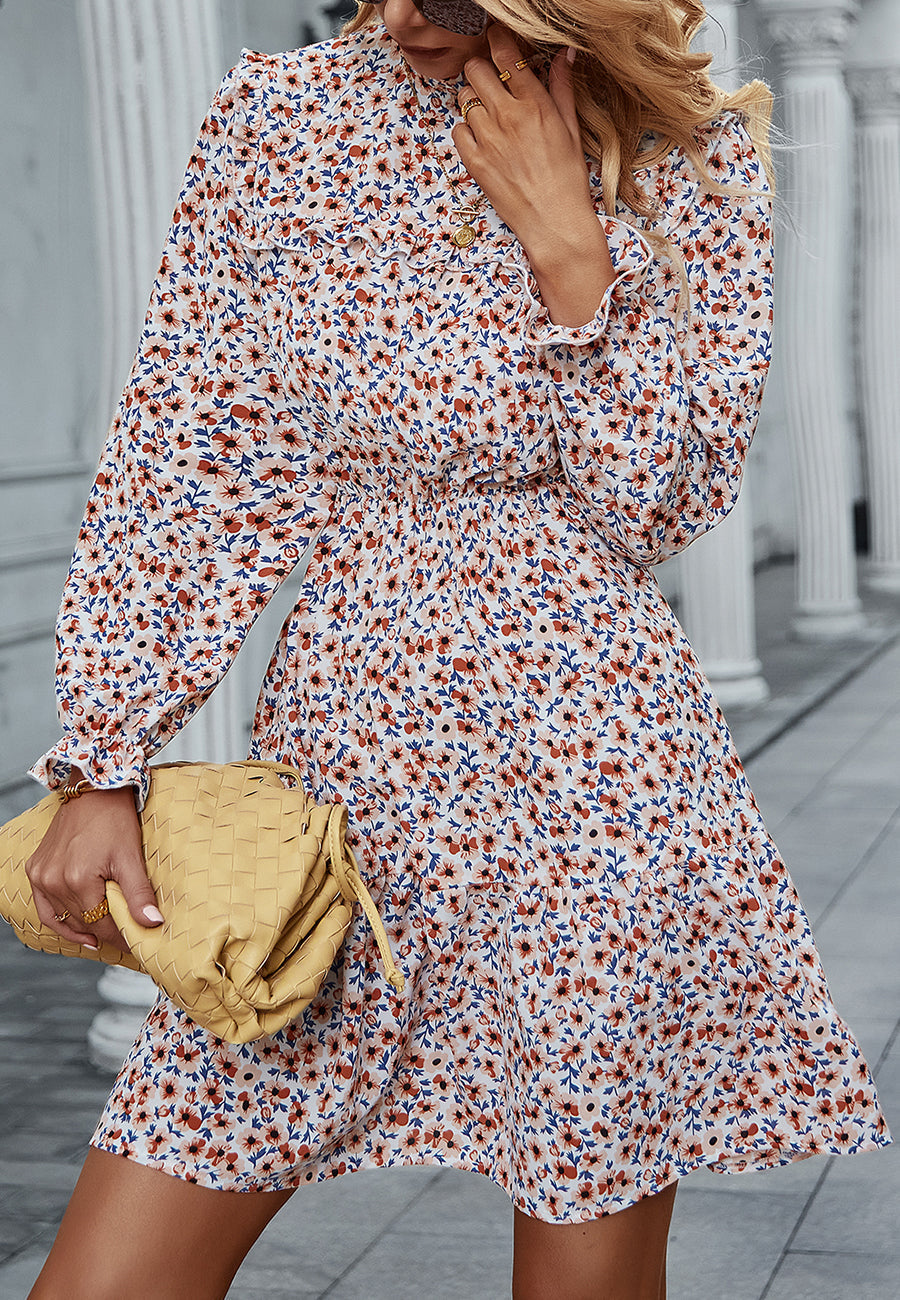 Floral High-Neck Ruffled Dress
