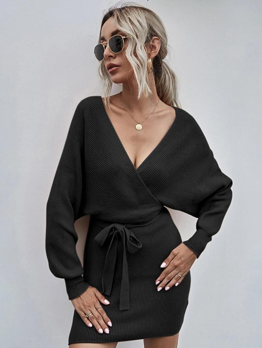 Wrap-Style Acrylic Sweater Dress with Bodycon Fit