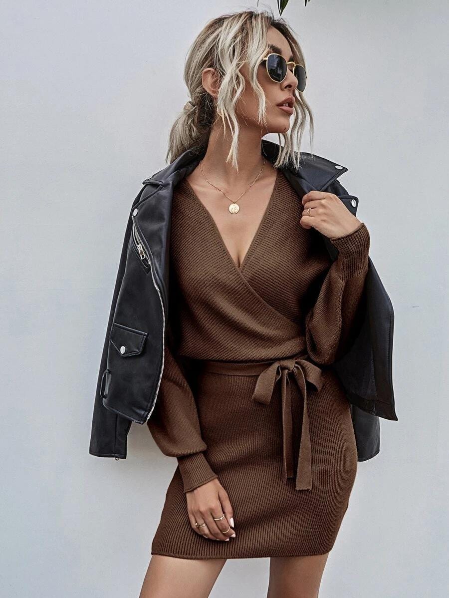 Wrap-Style Acrylic Sweater Dress with Bodycon Fit