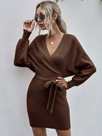 Wrap-Style Acrylic Sweater Dress with Bodycon Fit
