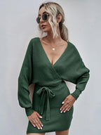 Wrap-Style Acrylic Sweater Dress with Bodycon Fit