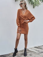 Wrap-Style Acrylic Sweater Dress with Bodycon Fit