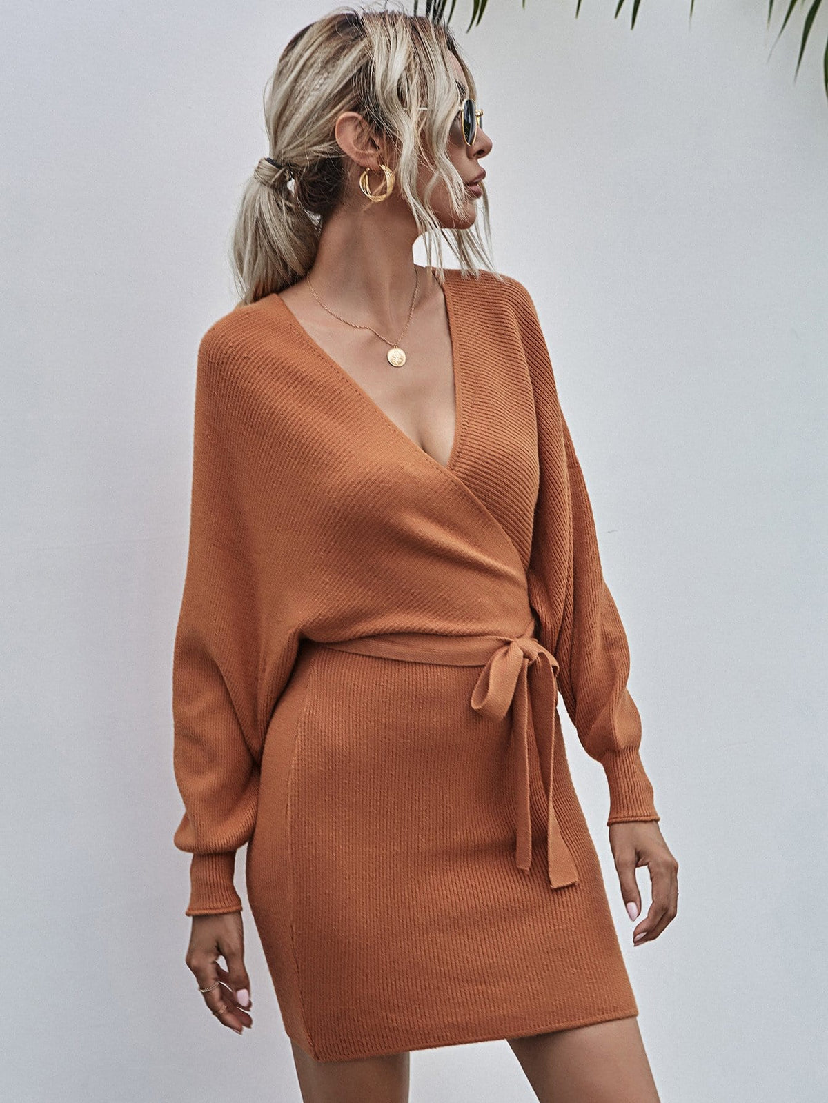 Wrap-Style Acrylic Sweater Dress with Bodycon Fit