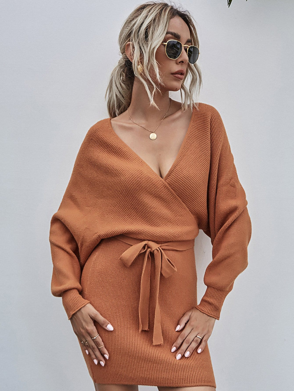 Wrap-Style Acrylic Sweater Dress with Bodycon Fit