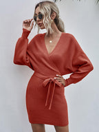 Wrap-Style Acrylic Sweater Dress with Bodycon Fit