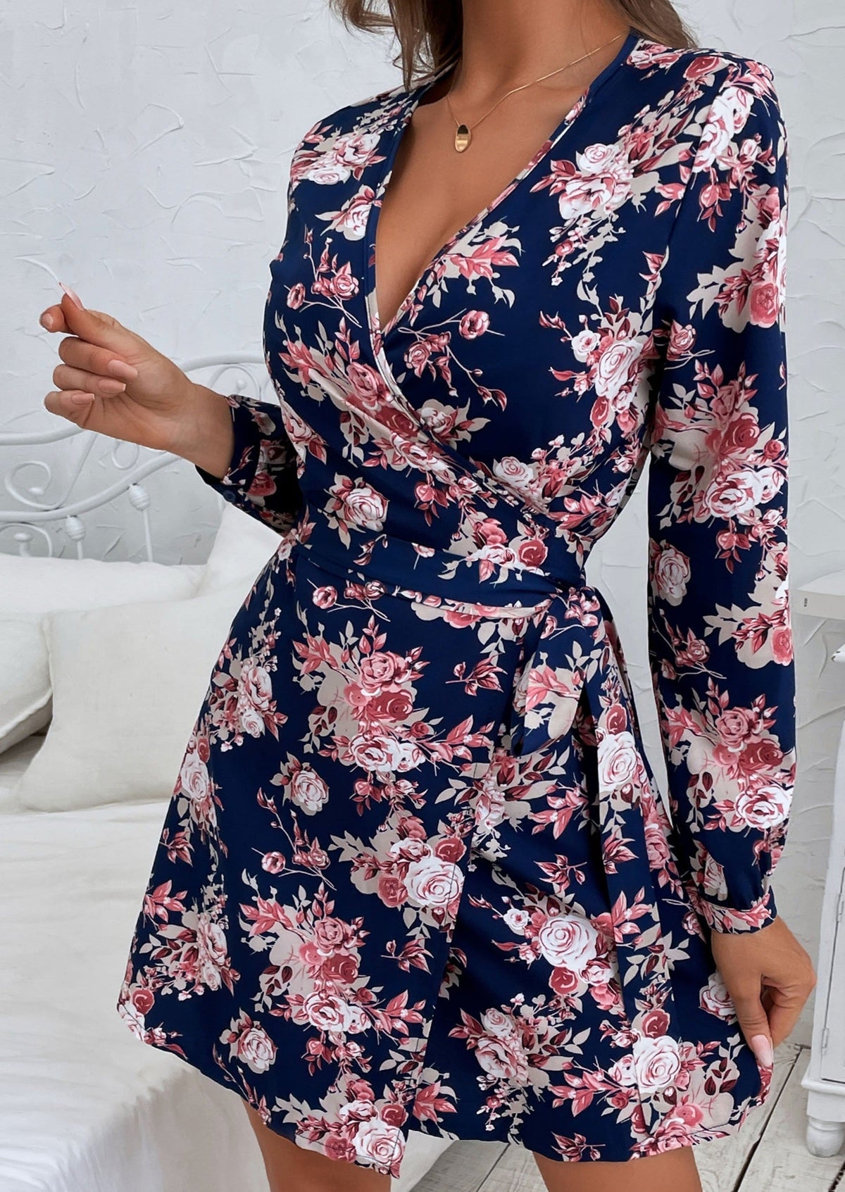Plunging Floral Dress with Print Details