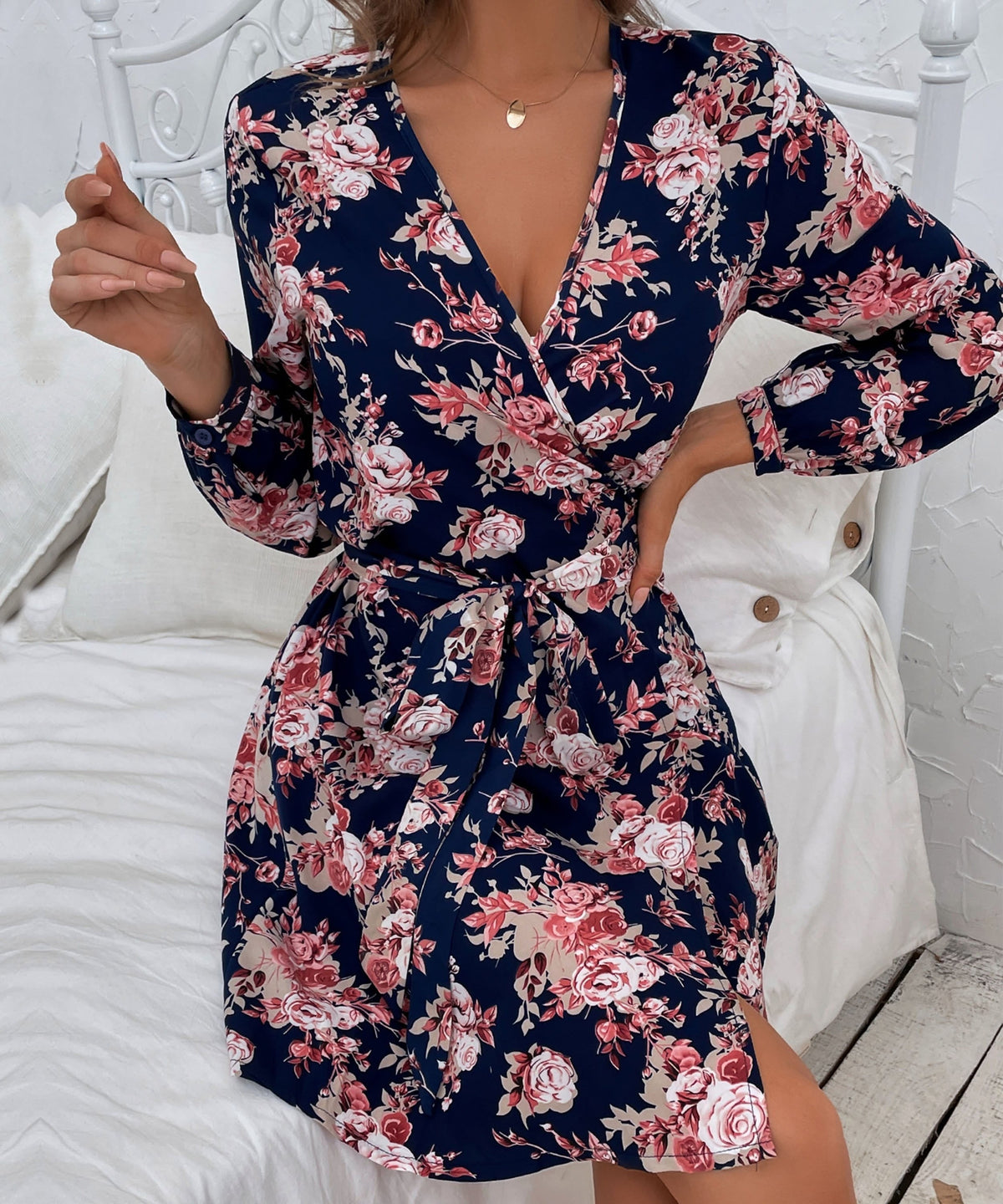 Plunging Floral Dress with Print Details