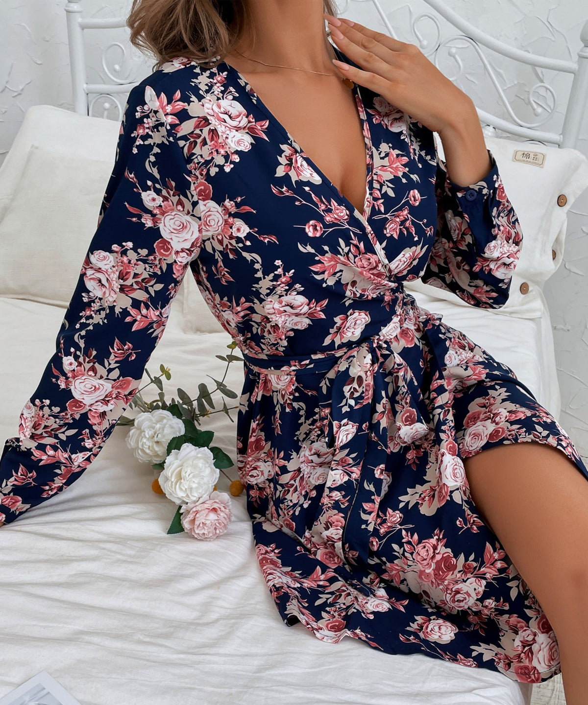 Plunging Floral Dress with Print Details
