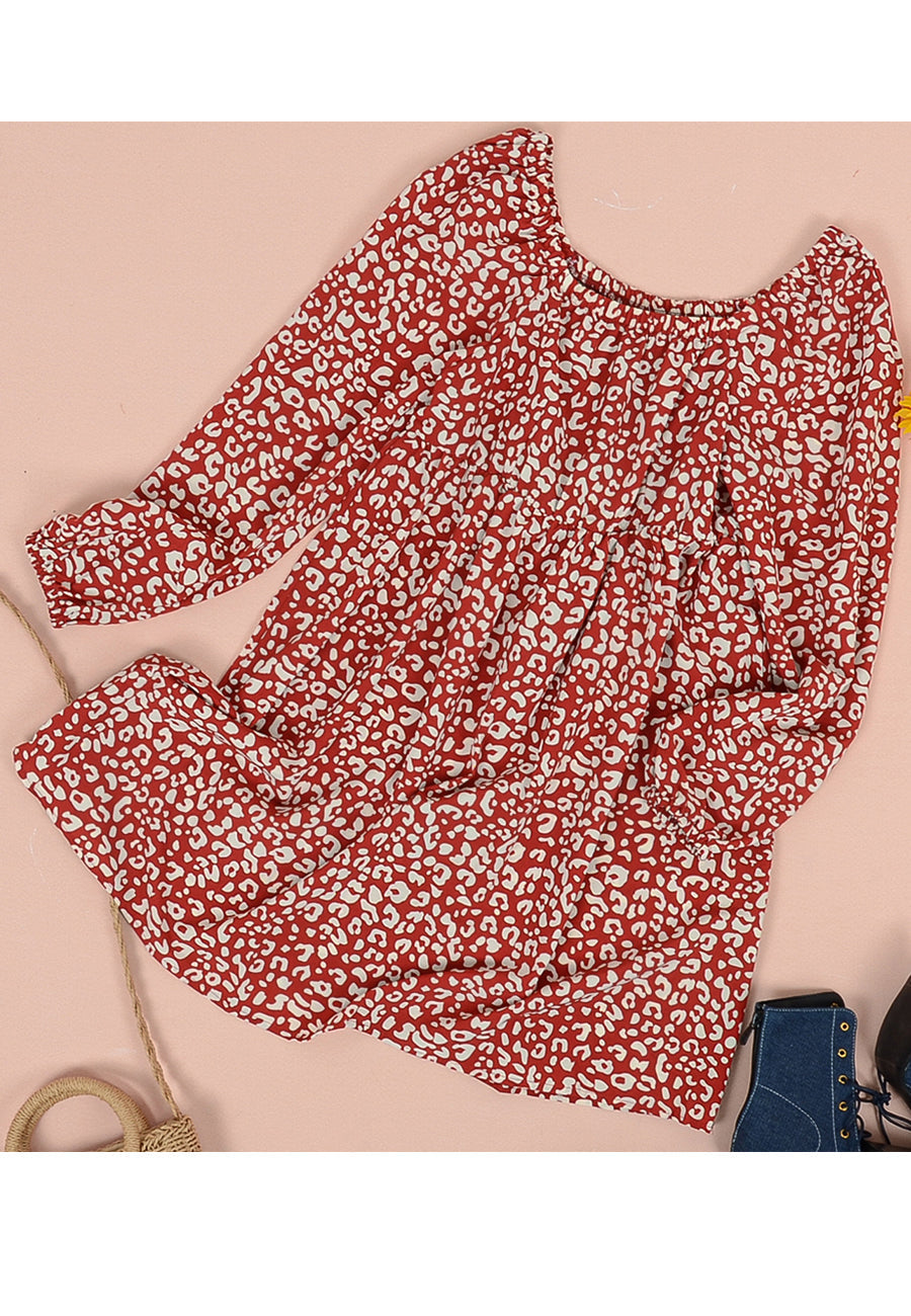 Gathered Printed Dress with Off-Shoulder Neckline