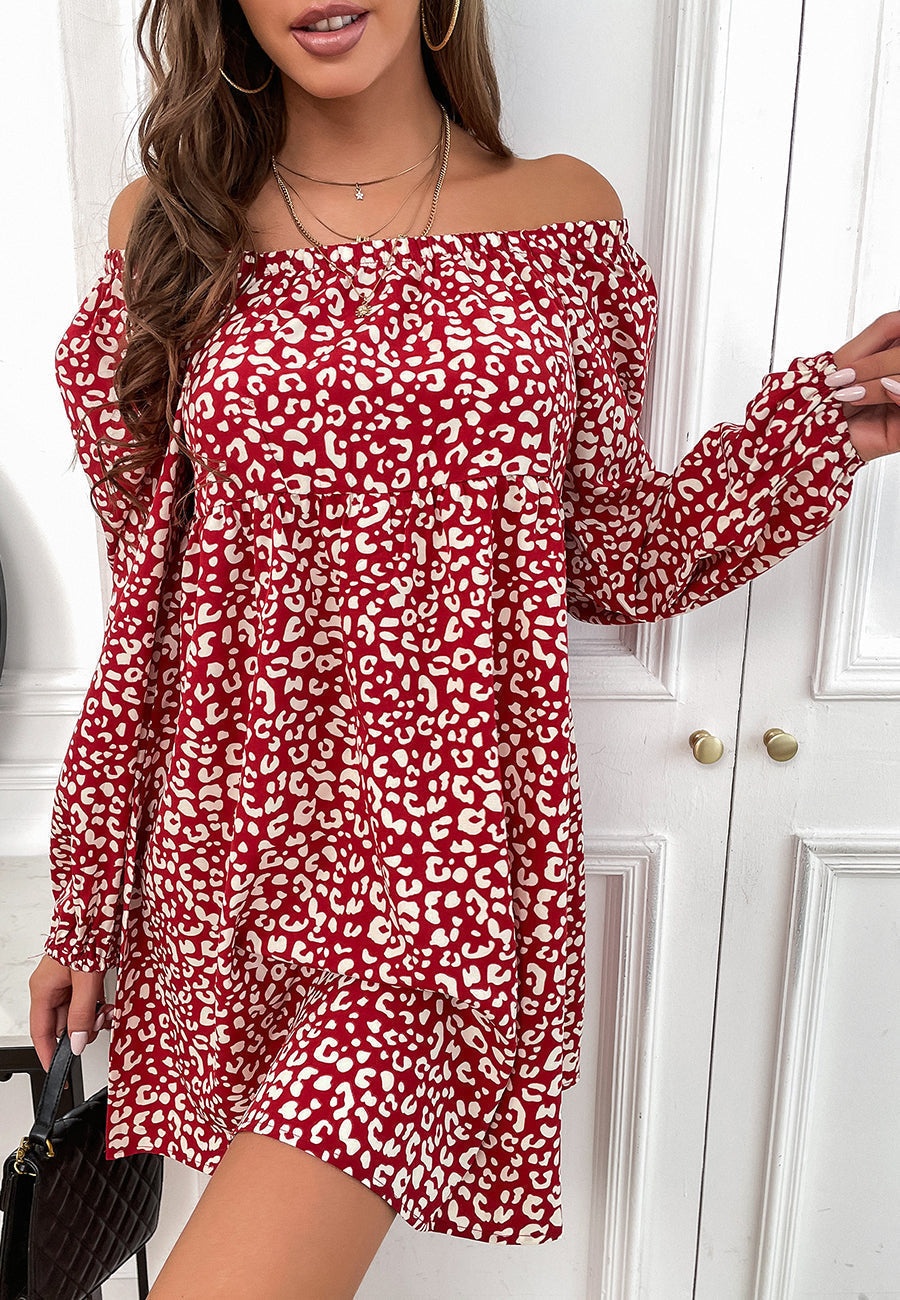 Gathered Printed Dress with Off-Shoulder Neckline