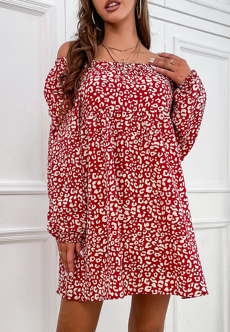 Gathered Printed Dress with Off-Shoulder Neckline