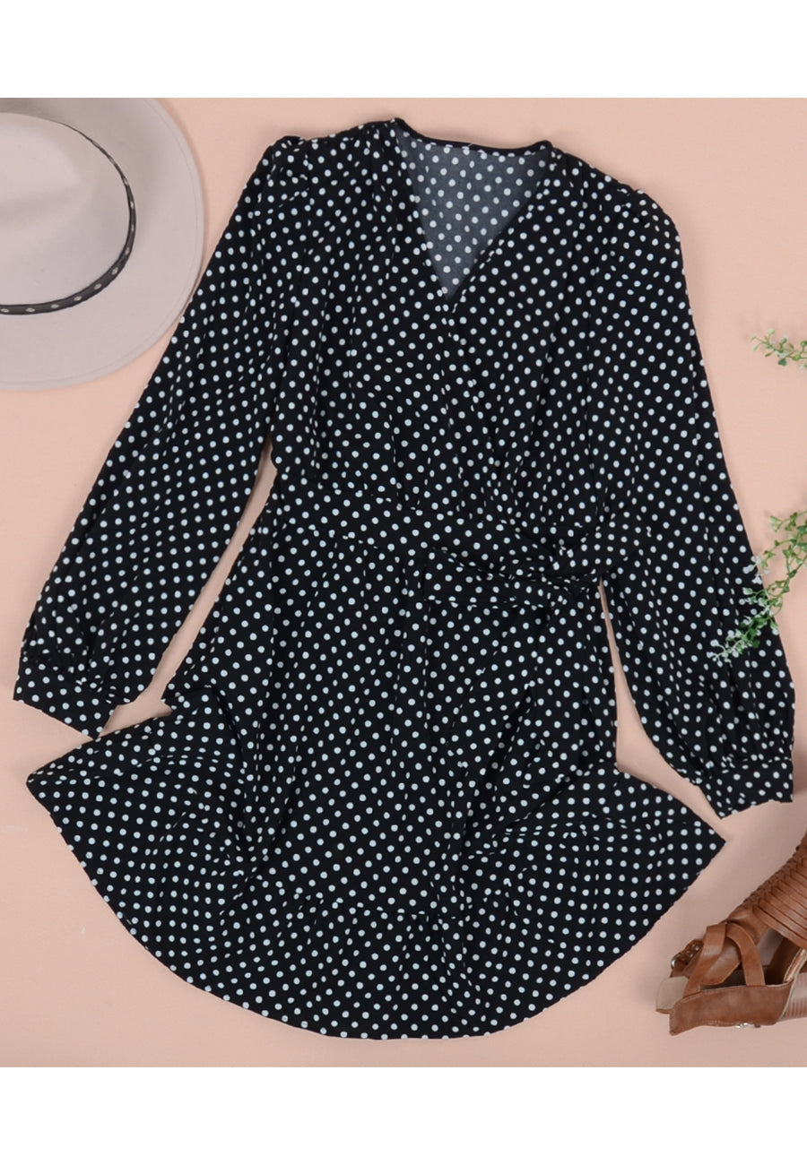 Lantern-Sleeve Polka-Dot Dress with Ribbon Details