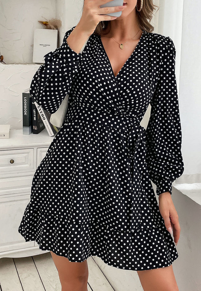 Lantern-Sleeve Polka-Dot Dress with Ribbon Details Main image