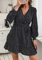 Lantern-Sleeve Polka-Dot Dress with Ribbon Details