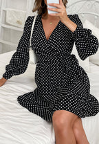 Lantern-Sleeve Polka-Dot Dress with Ribbon Details