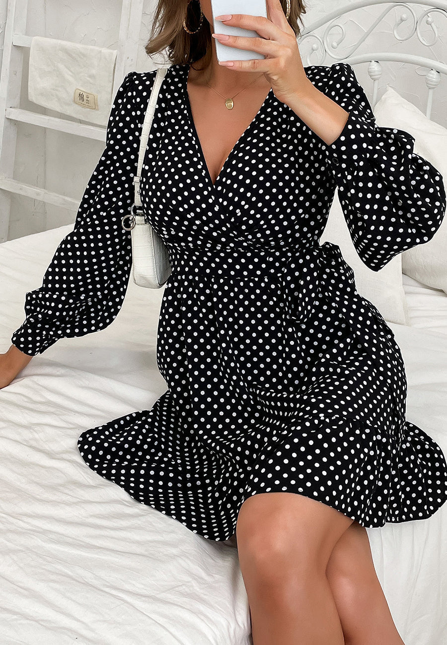 Lantern-Sleeve Polka-Dot Dress with Ribbon Details