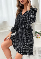 Lantern-Sleeve Polka-Dot Dress with Ribbon Details