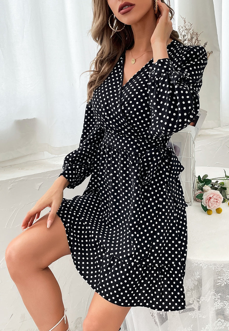Lantern-Sleeve Polka-Dot Dress with Ribbon Details