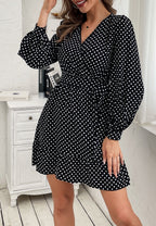 Lantern-Sleeve Polka-Dot Dress with Ribbon Details