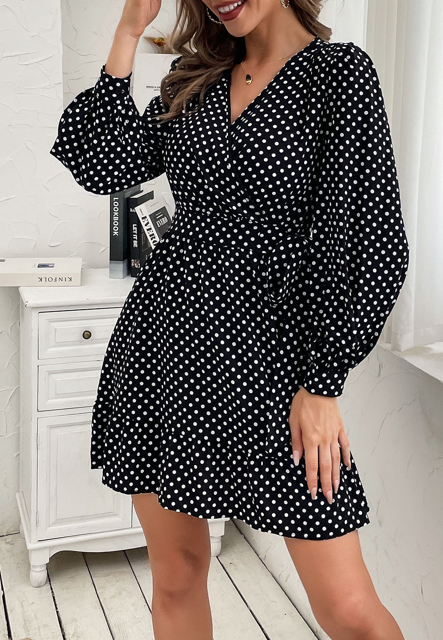 Lantern-Sleeve Polka-Dot Dress with Ribbon Details