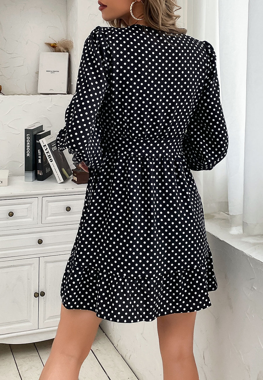 Lantern-Sleeve Polka-Dot Dress with Ribbon Details
