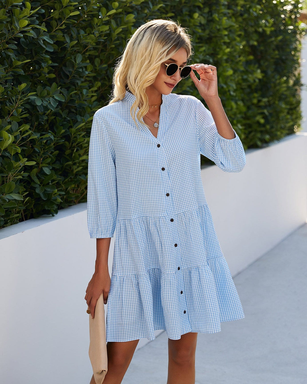 Button-Front Gingham Dress with Contrast Details
