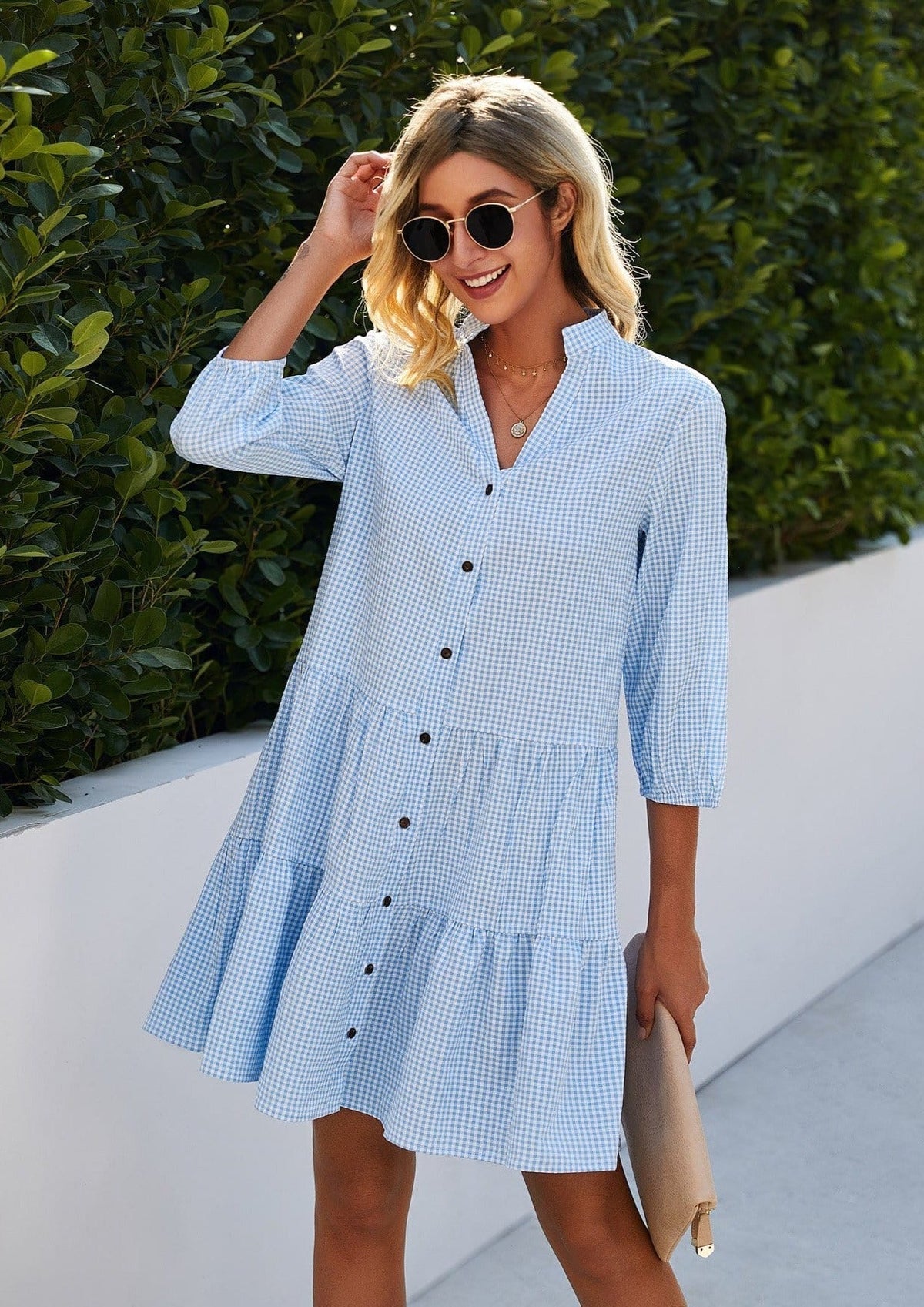 Button-Front Gingham Dress with Contrast Details