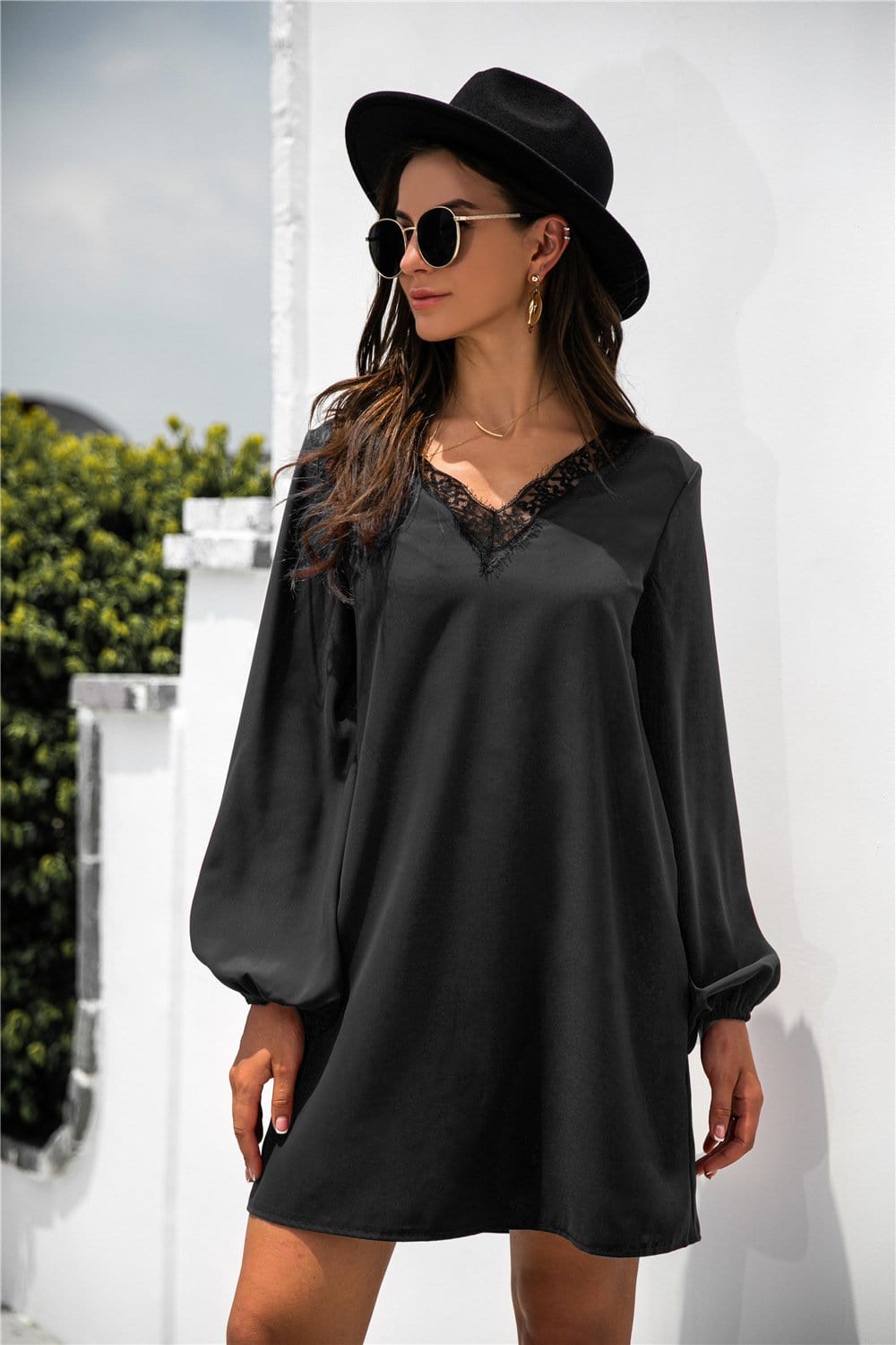 V-Neck Dress with Lace Trim