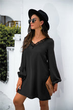 V-Neck Dress with Lace Trim